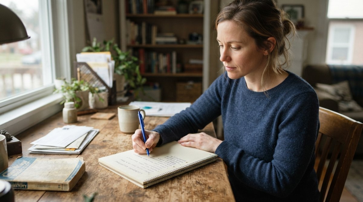 Homeowner sitting at desk with notepad and pen, writing down locksmith questions before making the service call