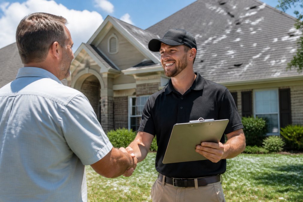 A homeowner shaking hands with a roofing contractor in front of a house with visible hail damage, clipboard in hand, bright daylight