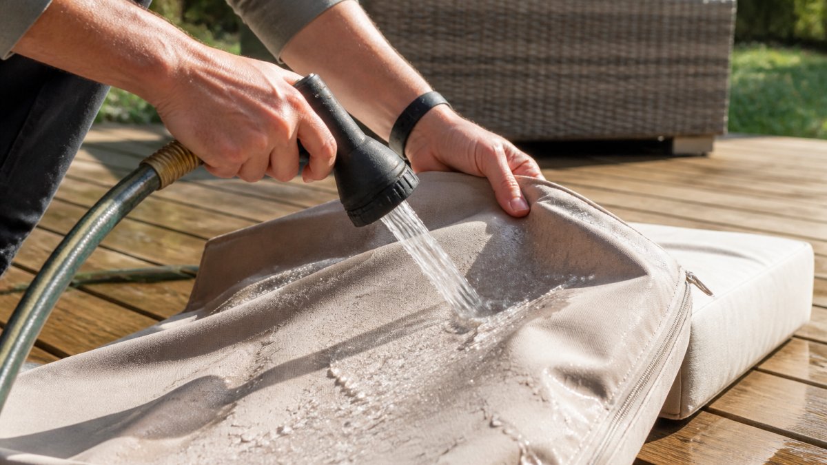 Close-up of hands rinsing a solution-dyed acrylic patio cushion cover with a garden hose on a sunny wooden deck, water beading on the fabric surface