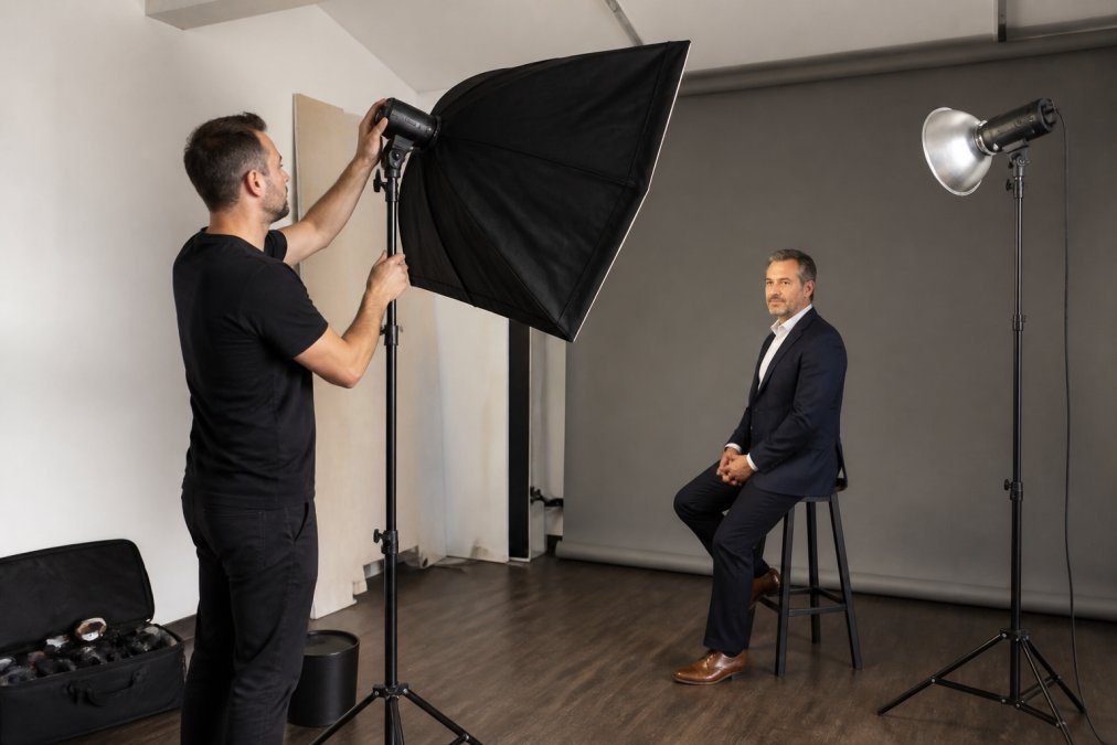 Corporate photographer adjusting a softbox light for a team photography session with a professional subject.