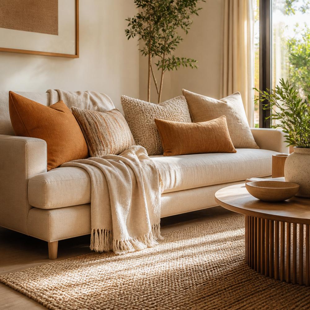 Diagram illustrating how to repeat neutral tones and textures to achieve a cohesive home aesthetic across rooms.