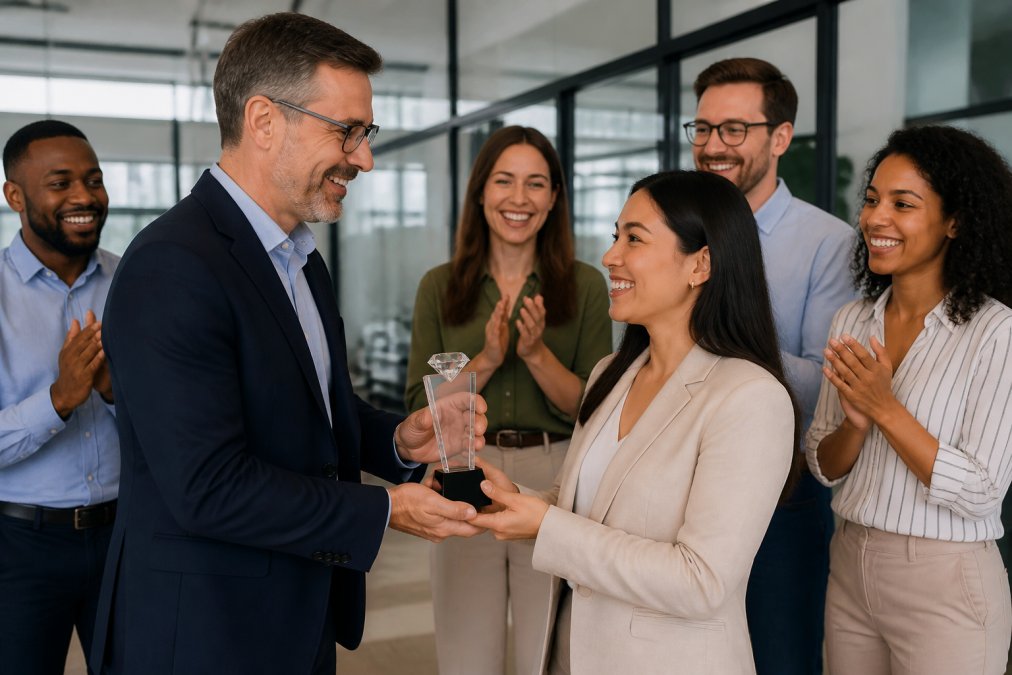 Diverse team of employees gathered in a modern office setting, with one person receiving an award from a manager, genuine smiles and positive engagement visible, natural office lighting