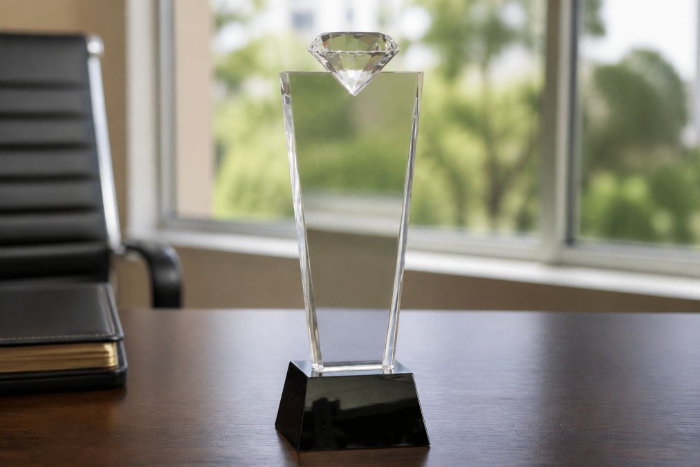Close-up of a personalized crystal glass award sitting on a professional desk with visible engraving, blurred office background with natural window lighting