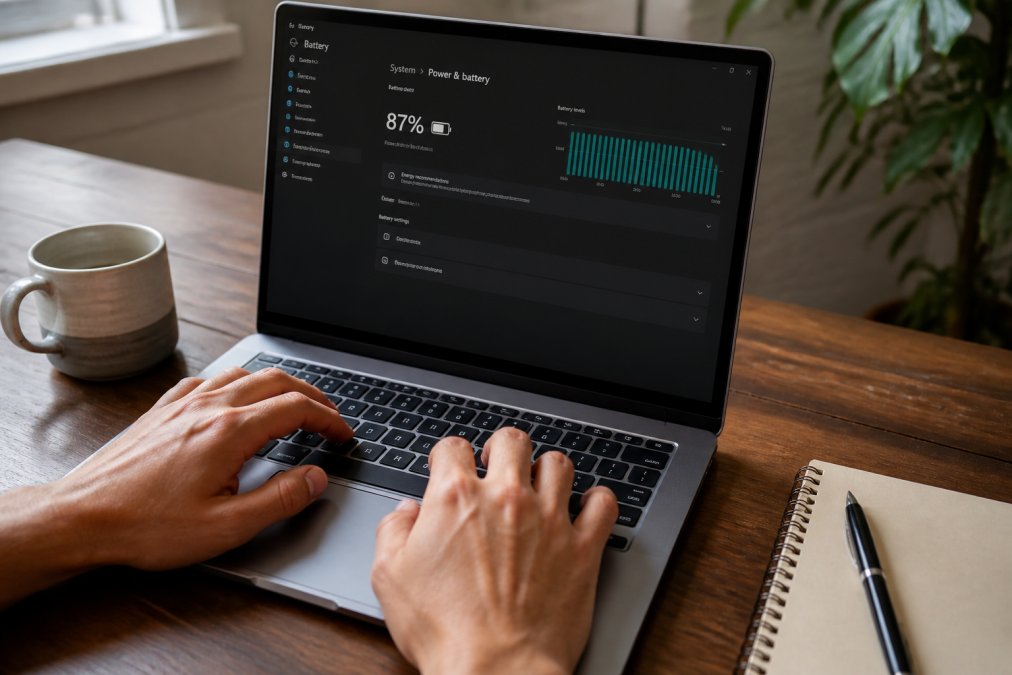 Close-up of hands typing on a laptop keyboard with the battery health settings screen visible on the display, a coffee mug and notepad nearby on a wooden desk