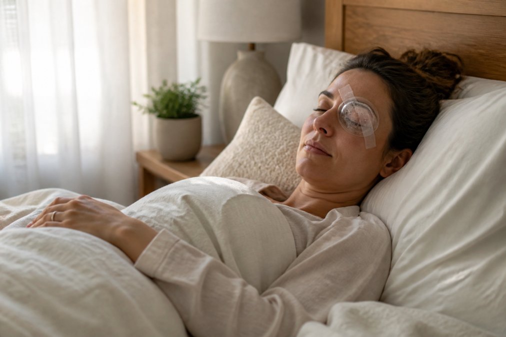 Person resting in bed with a protective eye shield to follow 7 tips for faster recovery after eye surgery.