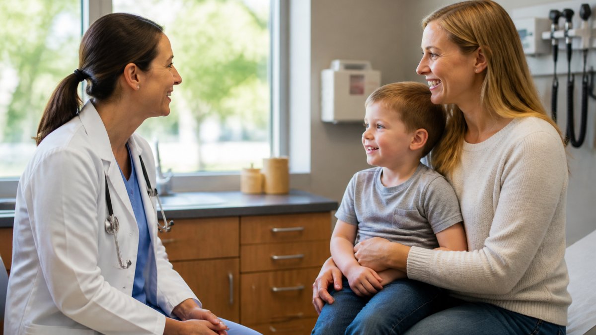 A family doctor talks with a parent and child in a bright, welcoming primary care clinic exam room.