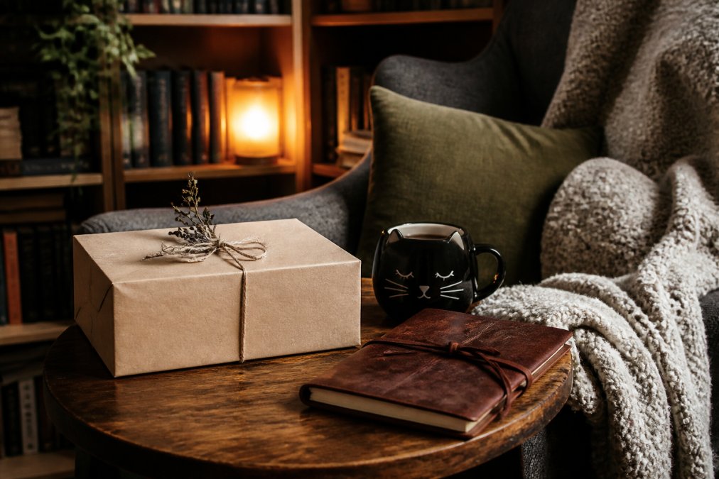 A cozy reading nook with a wrapped mystery book box, a black cat mug, a soft blanket, and a journal on a wooden side table, warm lamp light in the background