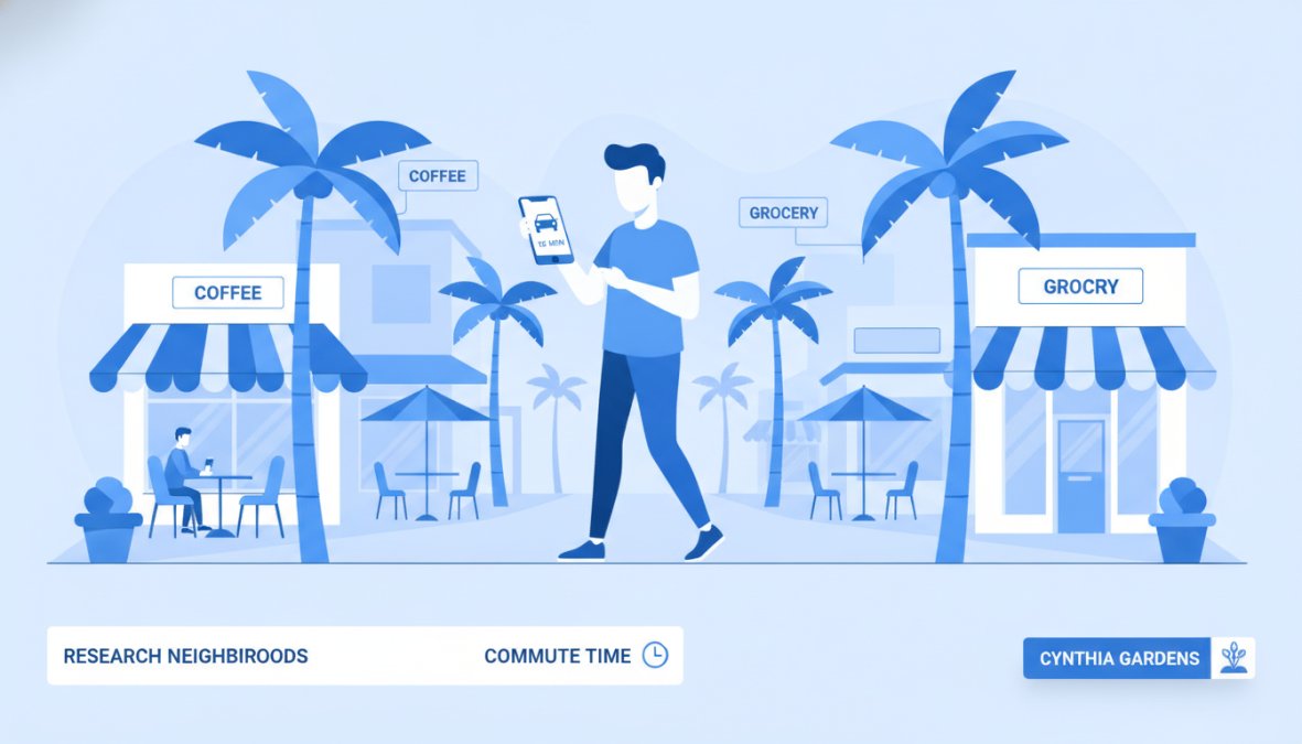 Young professional walking through a vibrant Boca Raton neighborhood street with palm trees, shops, and cafes while checking a smartphone for commute information