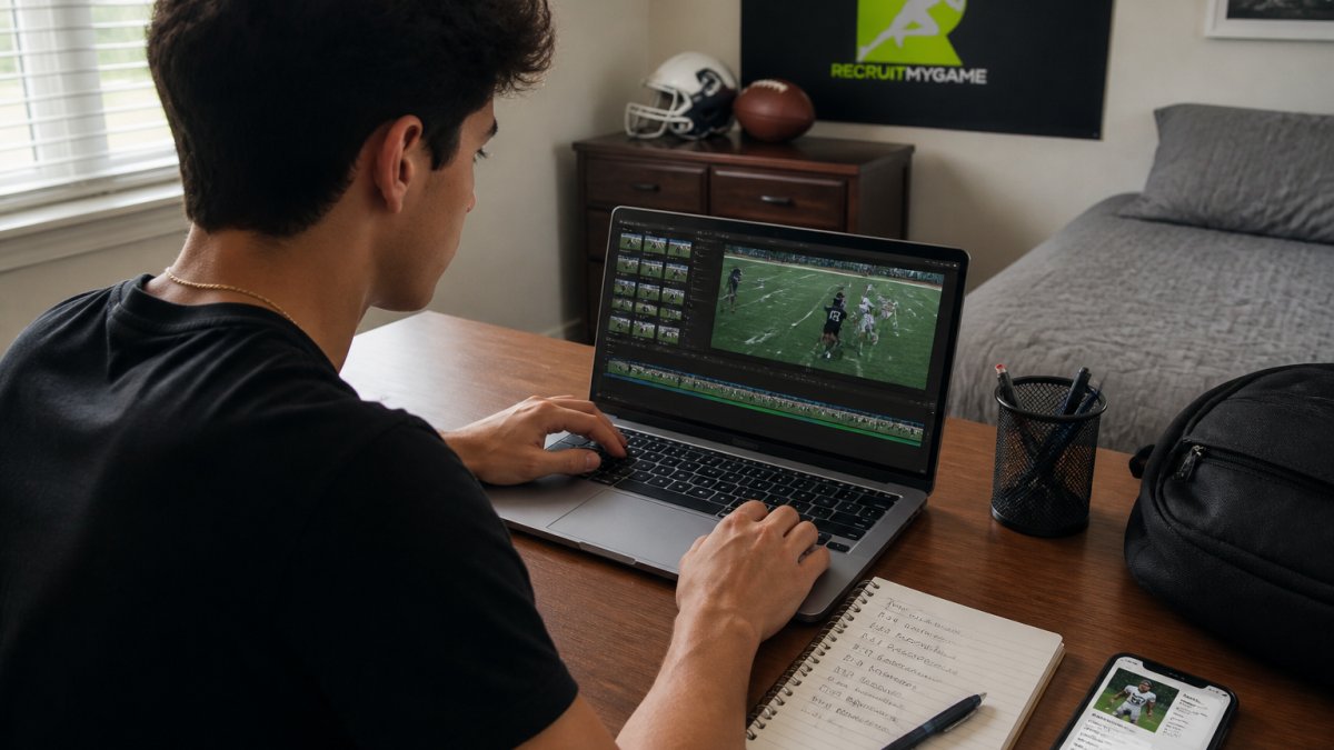 Infographic showing the step-by-step process of athlete marketing by editing recruiting videos and profiles.