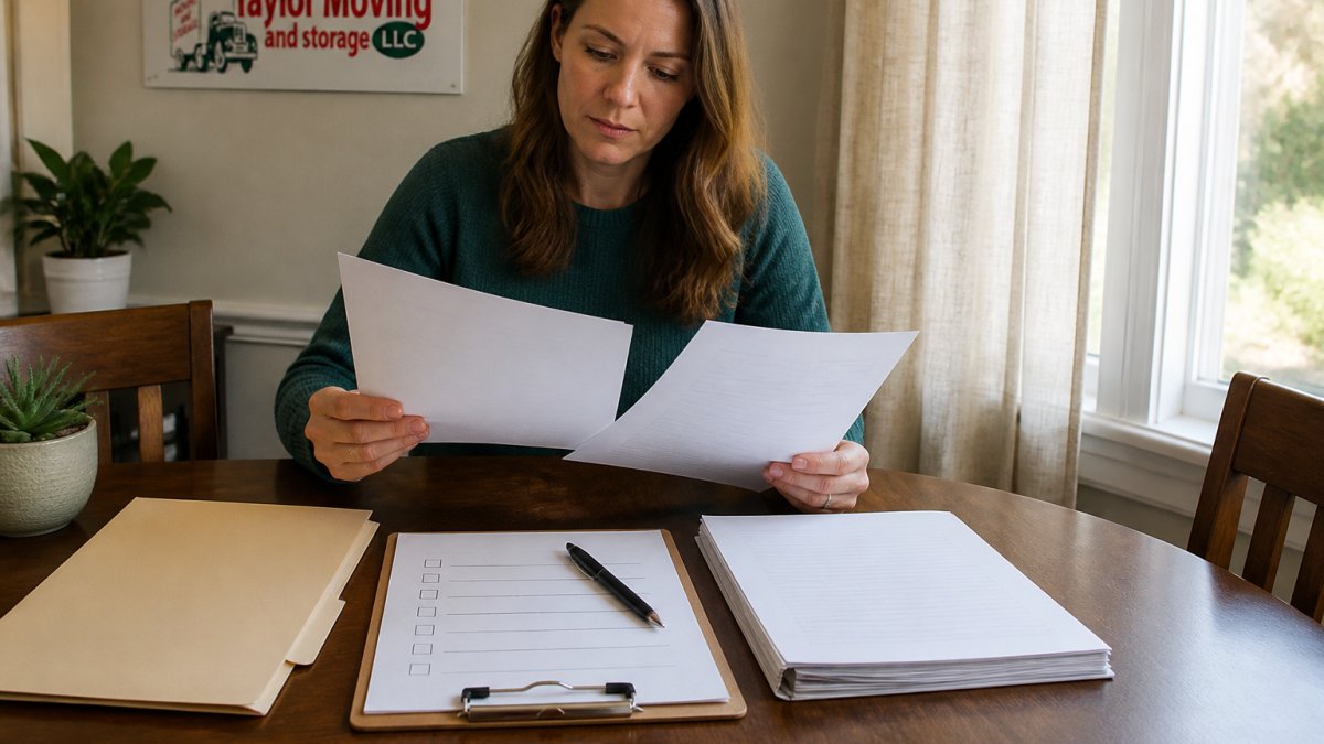 Homeowner reviewing moving company license and insurance documents on a table with a checklist, pen, and folder in natural daylight