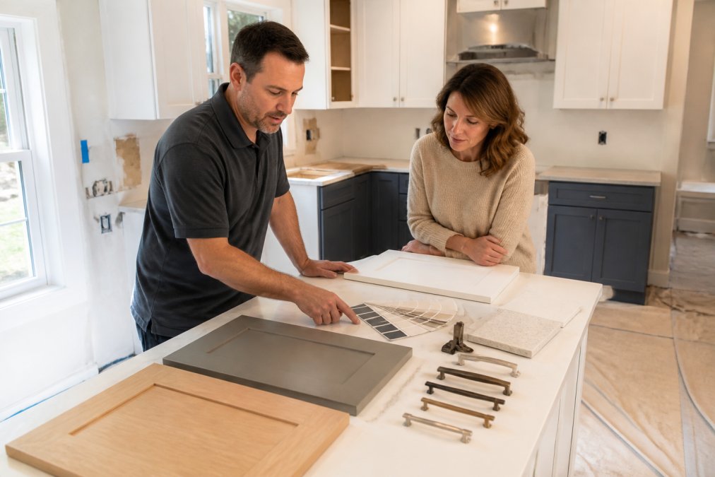 Homeowner and contractor reviewing cabinet samples to save on a kitchen remodel budget