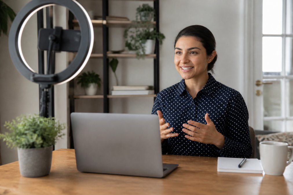 A professional sitting upright at a desk with a laptop and ring light, demonstrating relaxed open posture while speaking to a camera in a bright home office