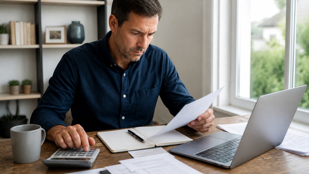 Real estate investor reviewing a construction draws budget spreadsheet on a laptop at a bright home office desk