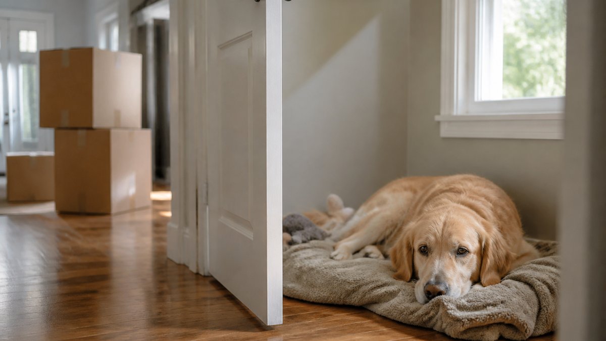 A calm dog resting on a familiar blanket in a quiet room, following 7 tips for moving house with pets safely.