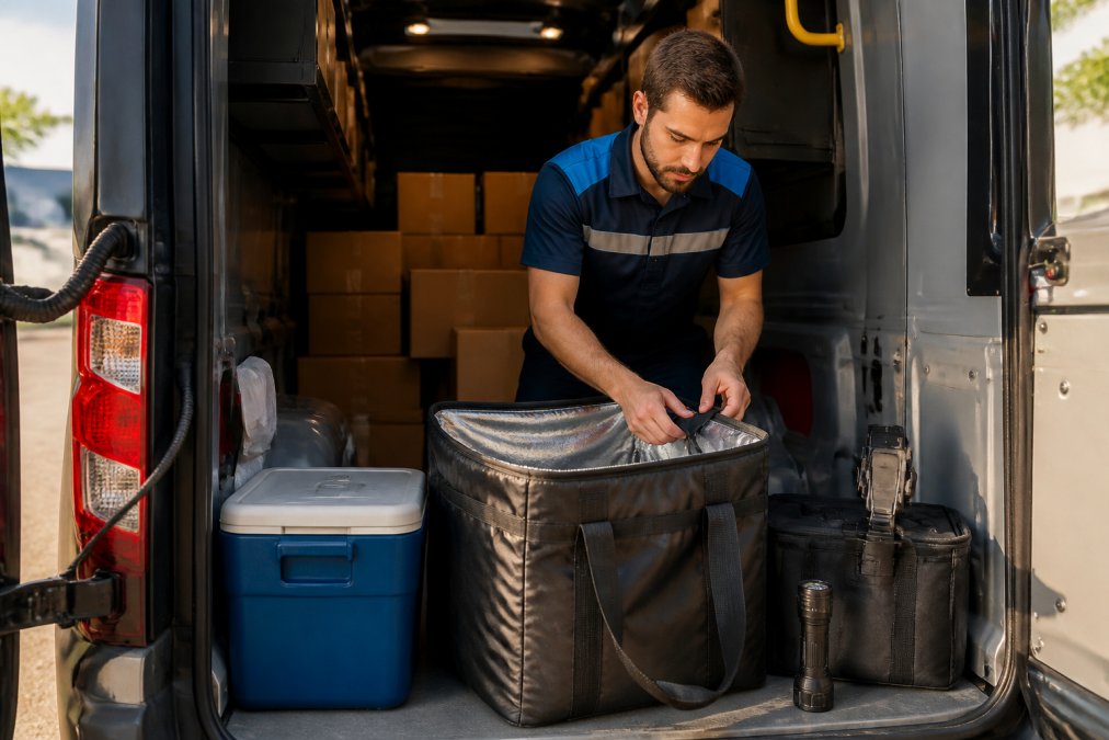 A delivery driver organizing a hot bag, cooler, phone mount, and flashlight inside an open cargo van before a shift, morning light through the open rear doors