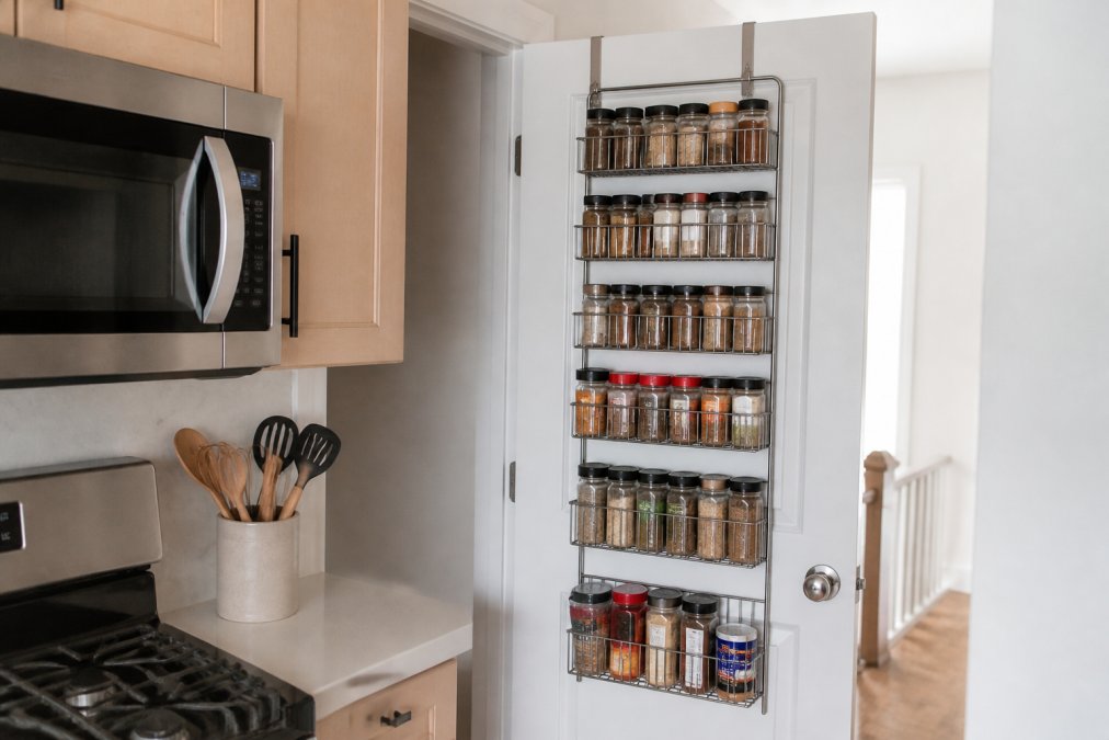 Infographic showing tips for organizing small living spaces using an over-the-door spice rack for vertical storage.