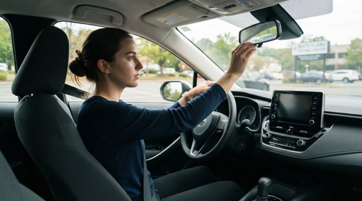 Driver performing pre-drive vehicle inspection, checking mirrors and adjusting seat before starting the car for a road test, natural daylight through windshield