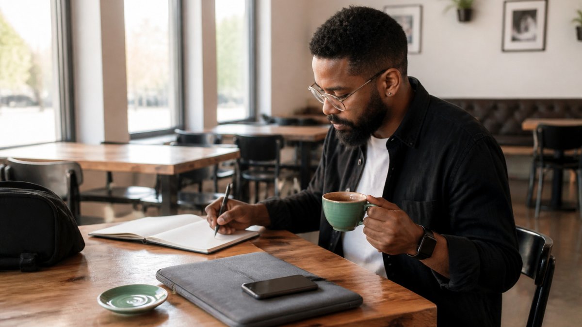 Infographic process showing tips for professional remote work in public cafes for focused productivity.
