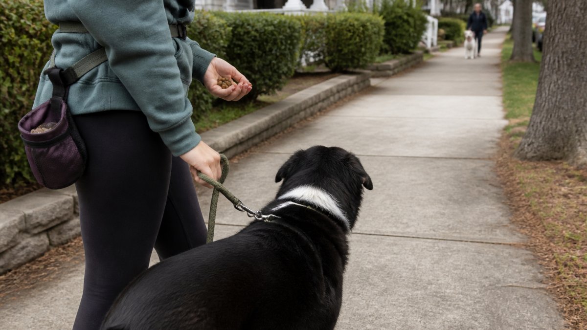 A handler calmly turning their leashed dog away on a quiet suburban sidewalk as another dog approaches in the distance, treats visible in hand, relaxed body language