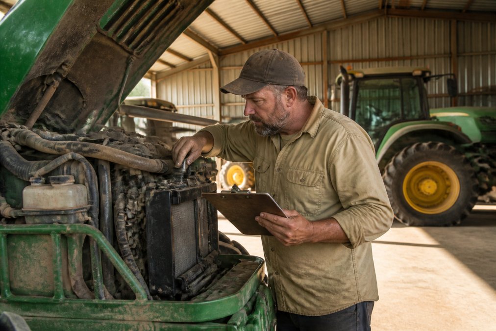 Farmer inspecting tractor engine belts and hoses to prevent farm equipment downtime in a sunny machinery shed