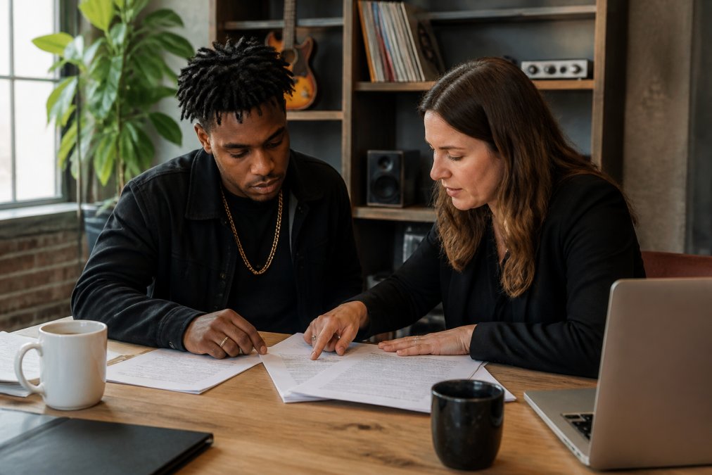 Entertainment attorney and independent music artist reviewing a detailed record contract together at a wooden desk, with printed pages, coffee cups, and a laptop visible in natural office lighting
