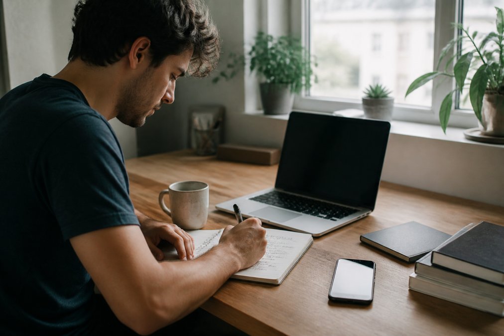 Freelancer working at a tidy desk with a daily schedule, staying motivated by following a structured morning routine.