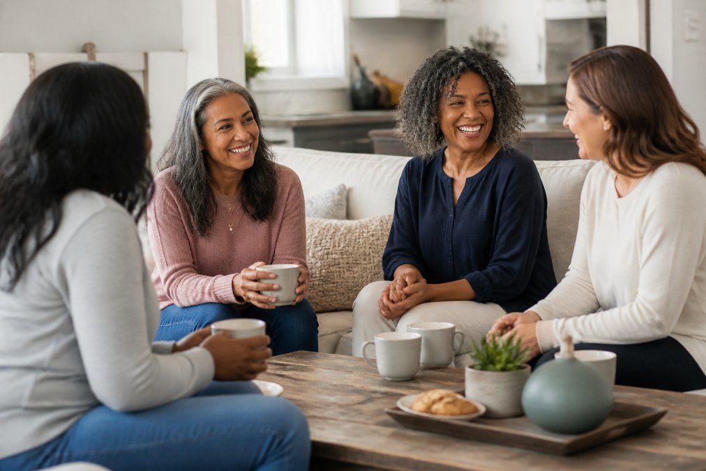 Small group of women sitting together in a comfortable living room, sharing conversation and tea, creating a warm, supportive atmosphere of connection and understanding