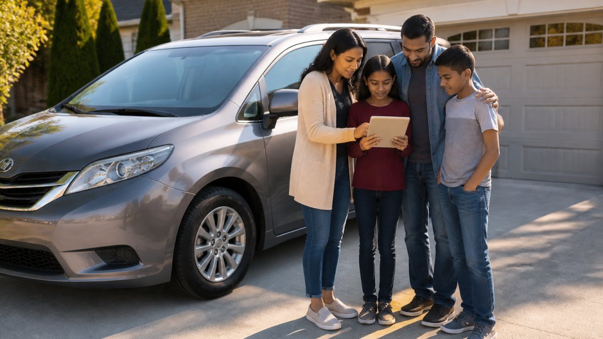 Diverse family of four standing beside a minivan in a suburban driveway, examining a vehicle needs checklist on a tablet together, morning sunlight casting long shadows