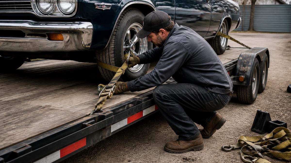 Worker tightening a ratchet strap over a classic car tire while towing a car on a flatbed trailer