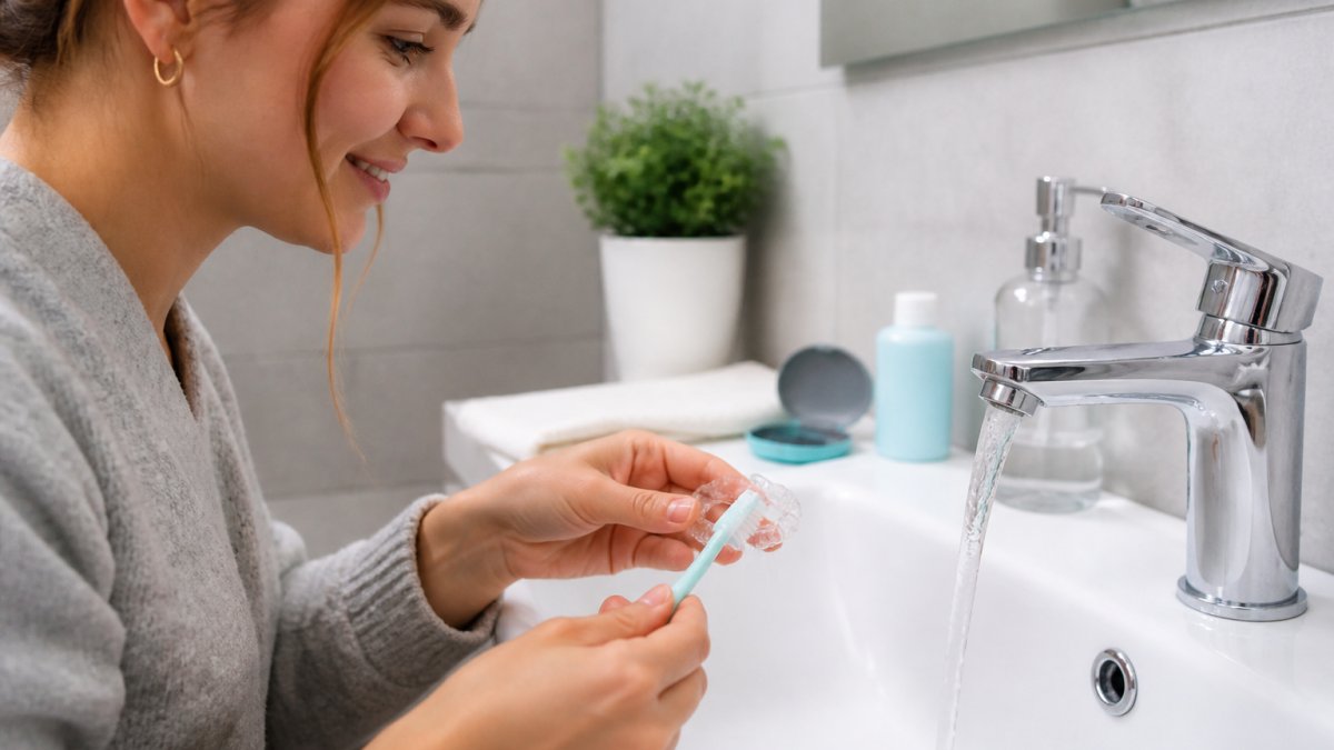 Close-up of hands gently brushing a clear orthodontic retainer under a bathroom tap, with a small cleaning brush and case on the sink beside it