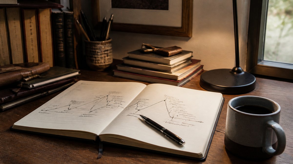 A writer's desk with an open notebook showing a hand-drawn plot diagram, a pen resting on the page, a cup of coffee, and a dim lamp casting warm light in a quiet room