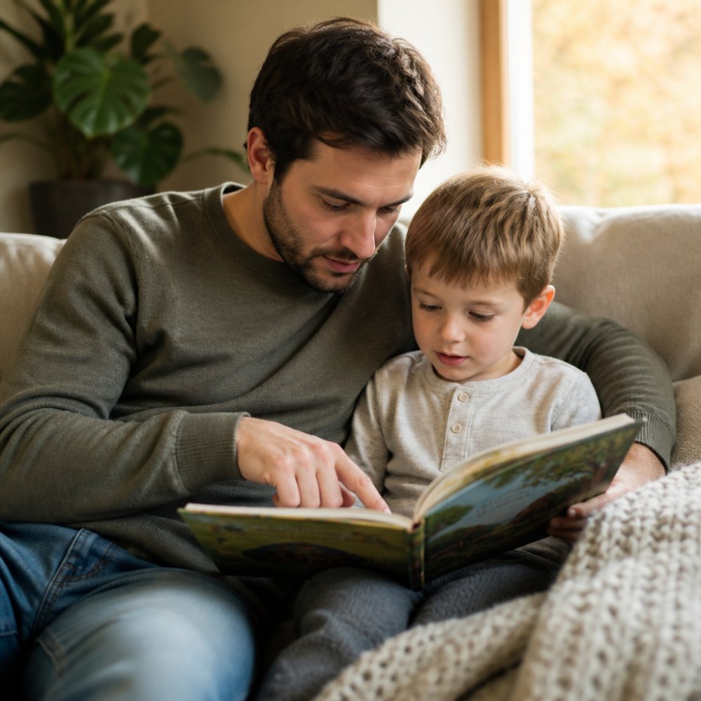 Far og sønn sitter tett sammen på en deilig sofa og leser en illustrert barnebok sammen. Gutten ser fokusert og rolig ut mens faren peker milt på illustrasjonene. Varmt innendørslys fra et vindu, koselig hjemmemiljø
