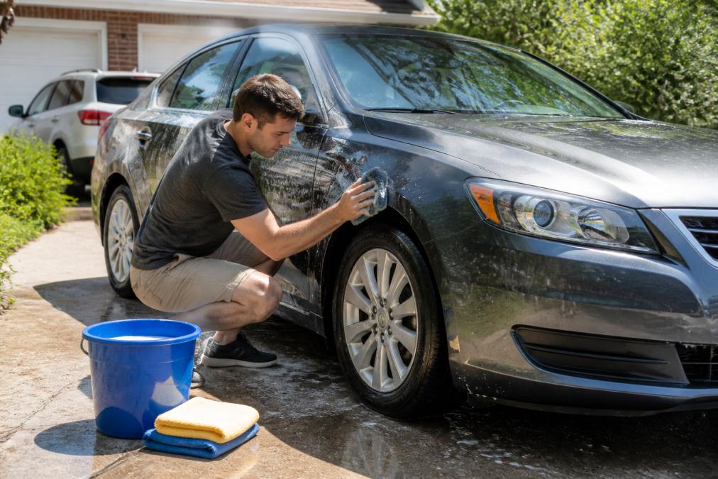 A person in casual clothes hand-washing and detailing the exterior of a used sedan in a residential driveway on a sunny afternoon, bucket and microfiber towels visible, clean wheels and trim in focus