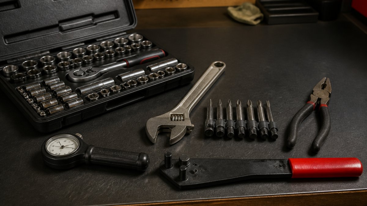 Professional workbench displaying socket set with ratchet, adjustable wrench, multiple screwdriver tips, pliers, belt tension gauge, and blade removal tool arranged neatly on dark surface with natural lighting
