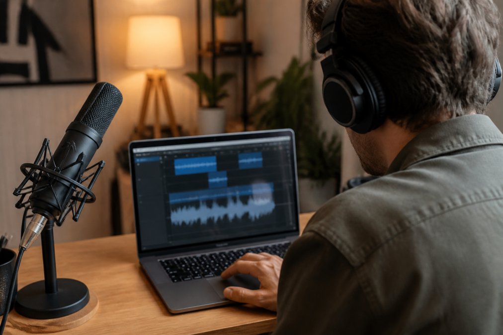 A podcaster at a home studio desk dragging an audio file into a browser window on a laptop, headphones and a condenser microphone visible, warm lamp lighting