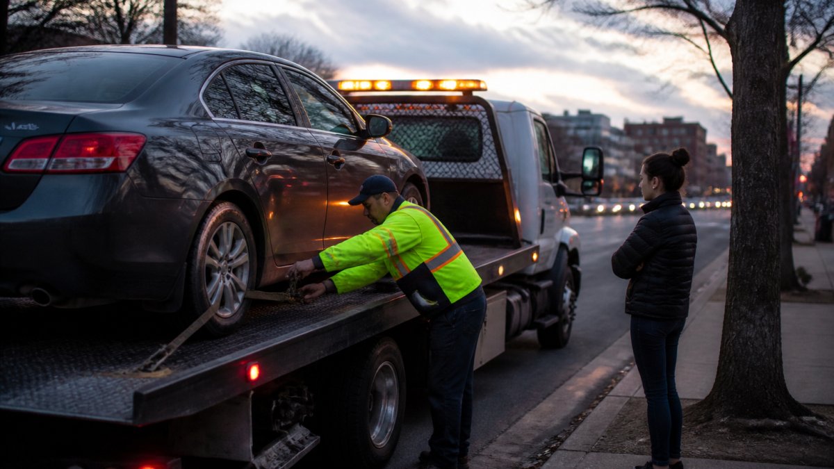 Tow truck operator securing a sedan on a flatbed for professional towing services at dusk on a city street