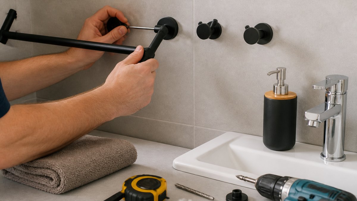 Hands installing a matt black towel rail and robe hooks as durable bathroom fittings on a tiled wall.