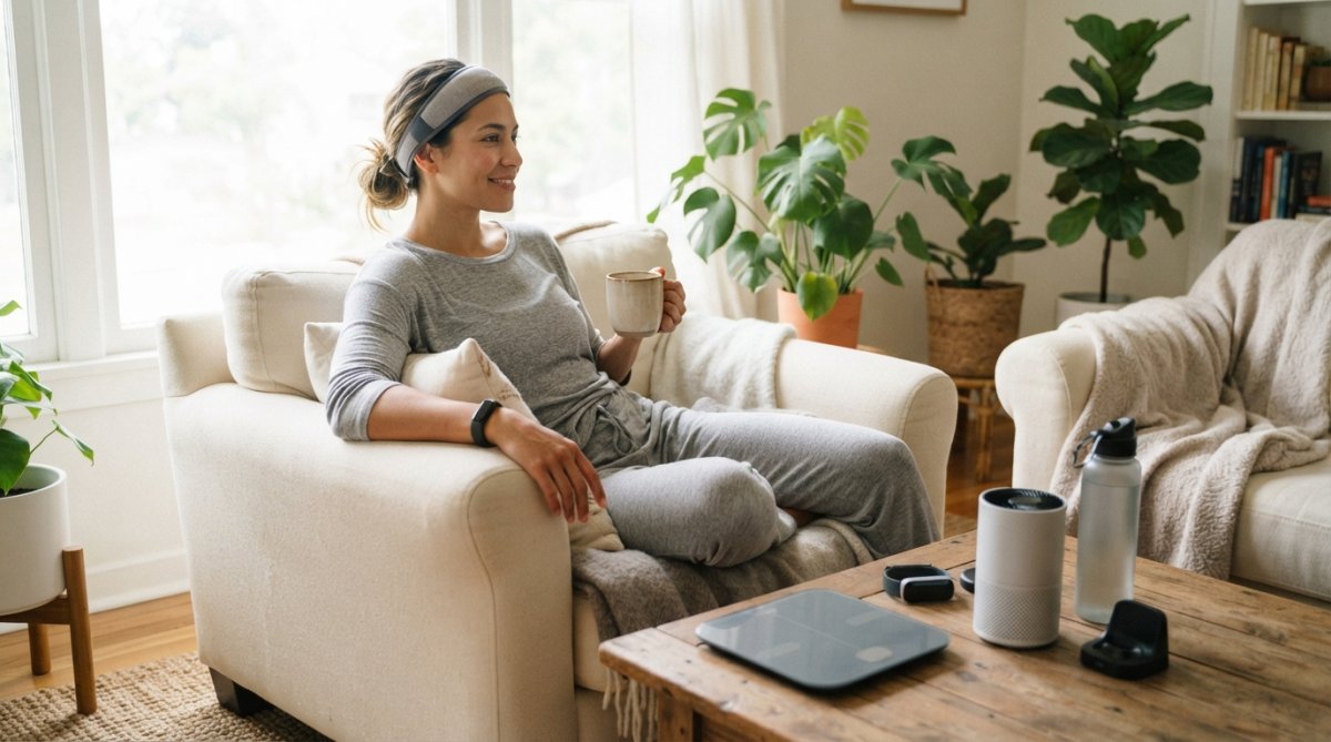 Person wearing a smart fitness tracker and relaxation technology while resting at home, with wellness gadgets arranged on a table in natural lighting