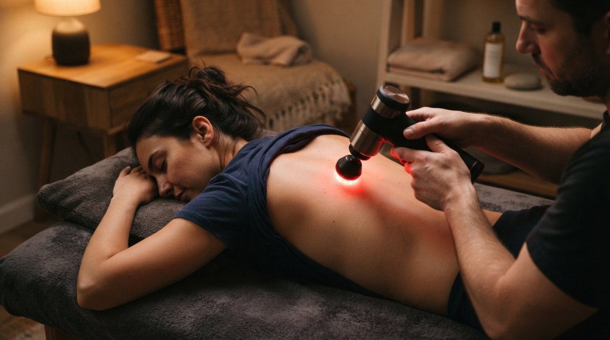 Close-up of someone using an electric massage device on their back with warm, therapeutic lighting suggesting comfort and recovery