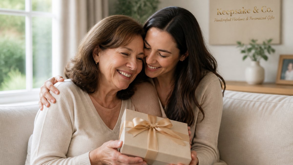 A mother-in-law and daughter-in-law embracing warmly while holding a wrapped personalized gift box, both smiling with genuine affection in a bright home setting with natural window light