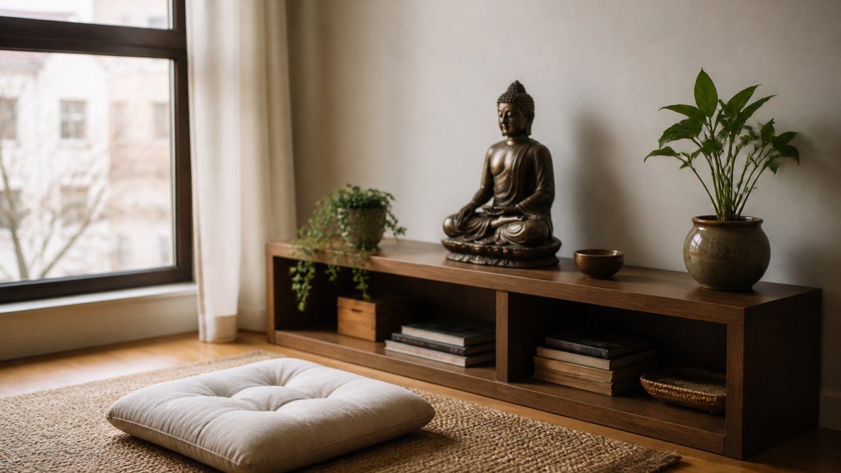 Serene meditation corner featuring an ethically sourced buddhist statue on a wooden shelf beside a floor cushion.
