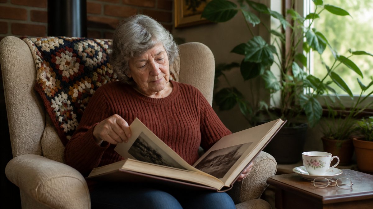 Infographic process for identifying durable vintage books with an elderly woman reading in a cozy lounge