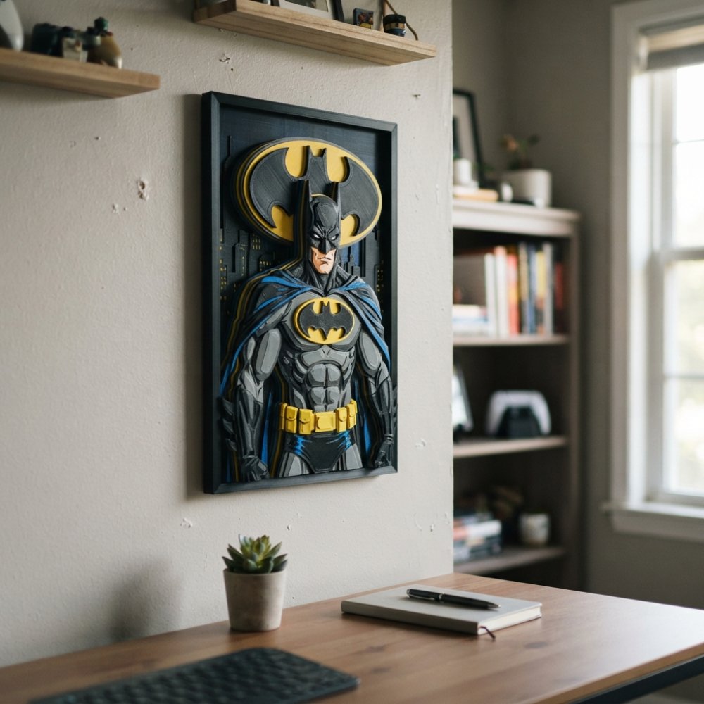 Layered 3D-printed Batman wall display mounted on an office wall showing dimensional depth with multiple colored PLA layers, natural afternoon light casting shadows across the raised figure