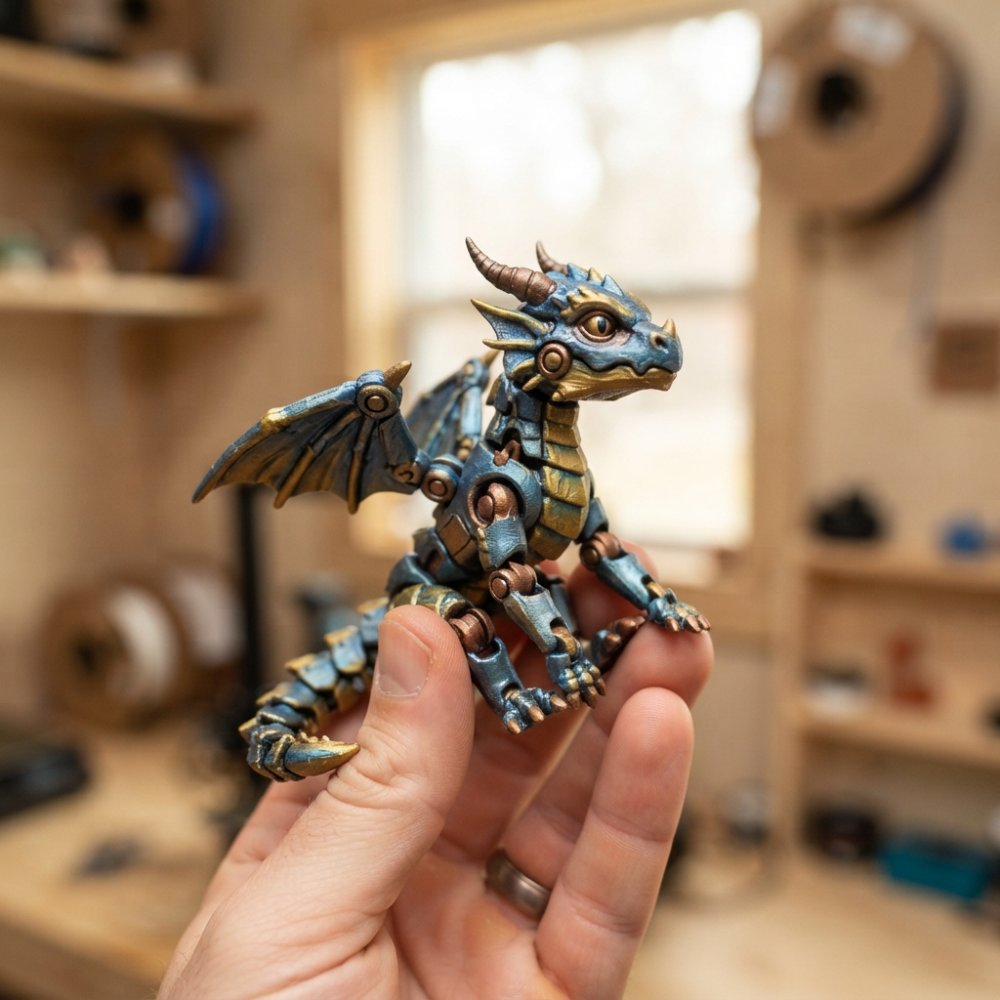 Close-up of a hand holding a small articulated 3D-printed figurine showing detailed paint work and poseable joints against a soft neutral background with warm lighting
