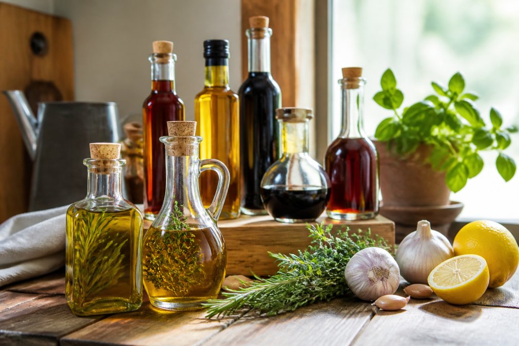 Close-up of artisan bottles of oils and vinegars arranged on a wooden surface with fresh herbs, garlic, and citrus nearby, natural light streaming from a window