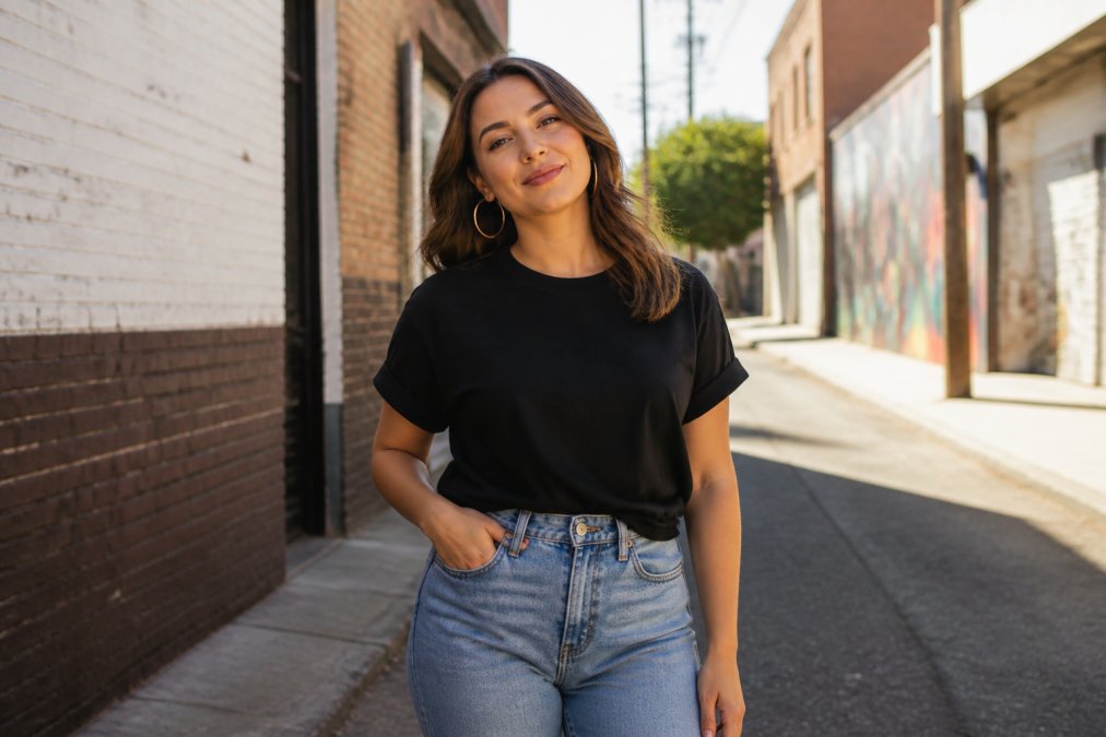 A woman in her late 20s wearing a black graphic tee with a sassy slogan, paired with high-waisted jeans and gold hoop earrings, standing in a sunlit urban alley with a relaxed smile