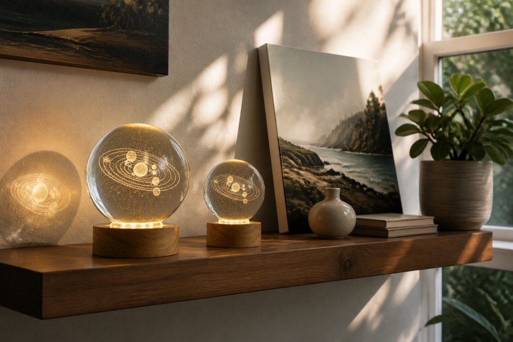 A carefully curated shelf displaying laser-etched crystal balls on LED stands glowing softly beside framed canvas art prints, with natural window light highlighting the intricate details and creating warm shadows on the wall behind