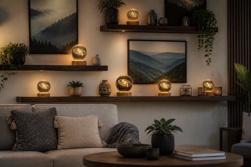 A living room wall featuring a carefully arranged collection of laser-etched crystal balls on LED stands positioned at varying heights on floating shelves, interspersed with framed canvas art prints and complementary decorative objects, with warm ambient lighting highlighting textures and creating visual depth