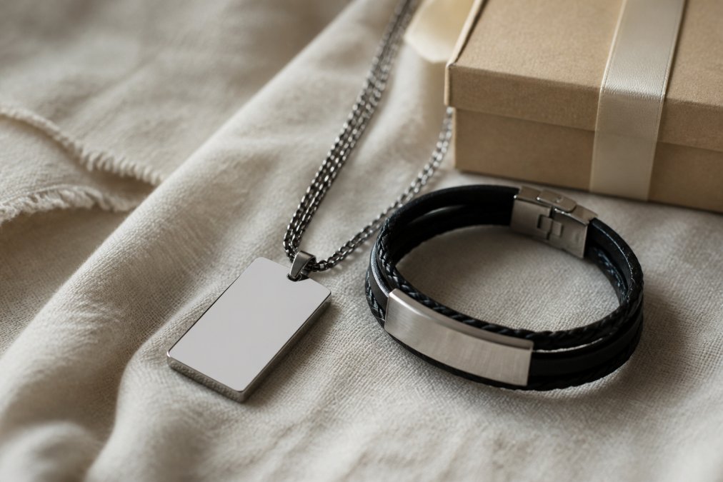 Close-up of a personalized stainless steel necklace and leather bracelet resting on a soft linen cloth, with a small gift box nearby and warm natural light