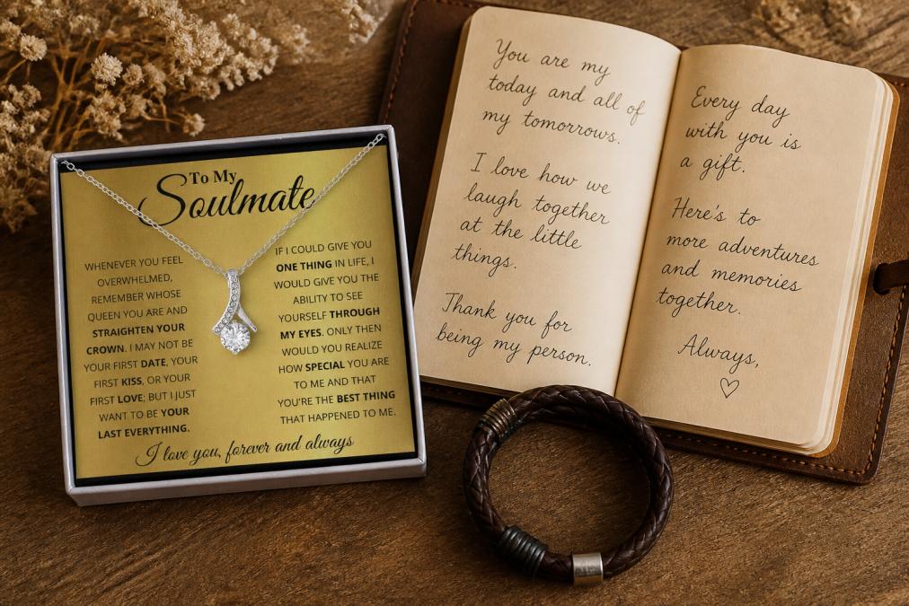 Flat lay of an open personalized leather journal with handwritten entries beside a braided leather bracelet on warm wooden surface, soft natural lighting highlighting the texture